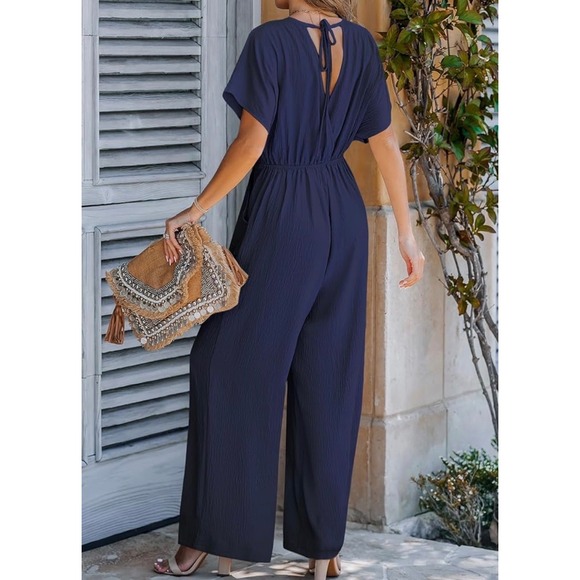 Cupshe Navy Blue Textured Wide Leg Jumpsuit V-Neck Short Sleeve XL - Picture 2 of 7